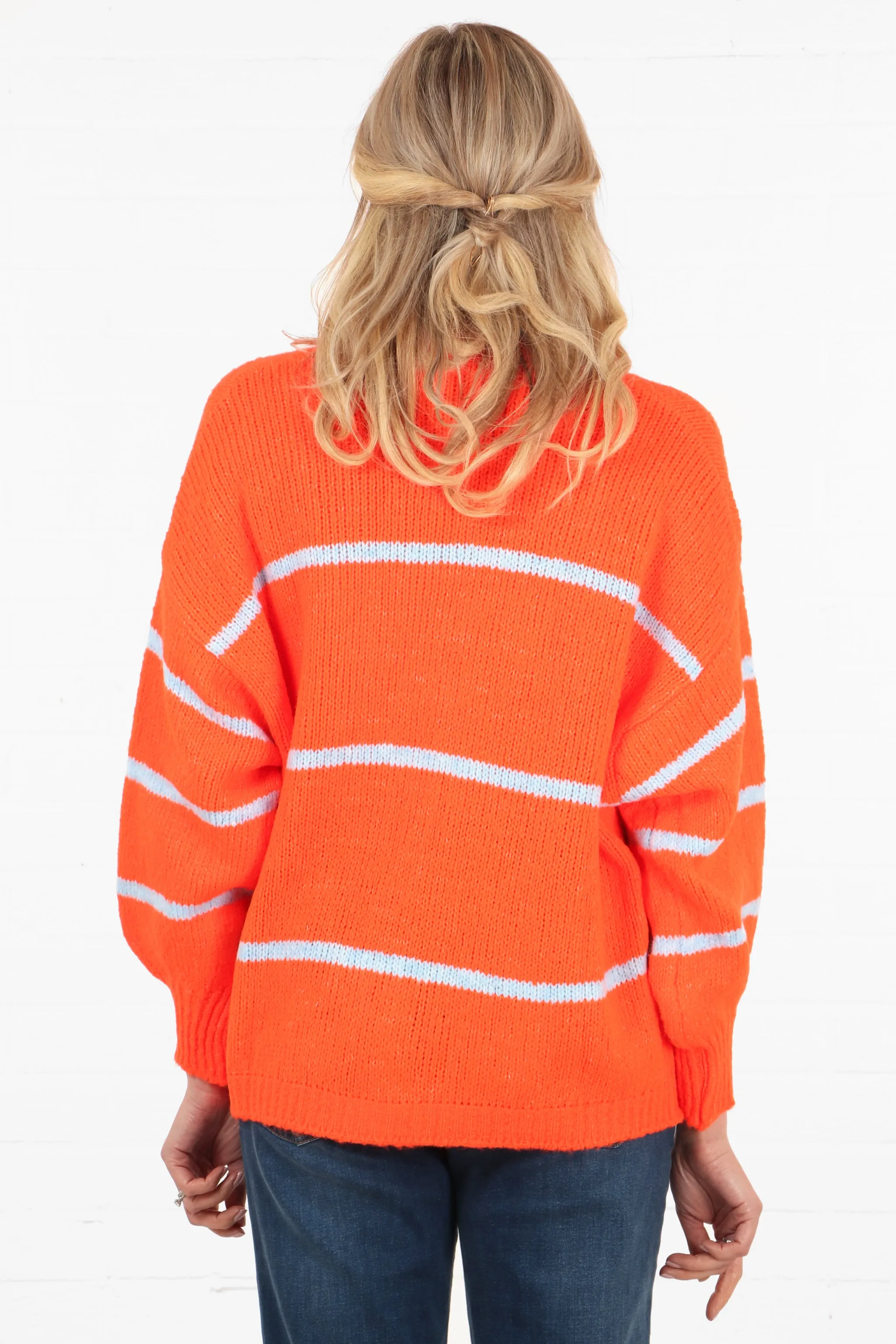 Wool Blend Open Front Cardigan Thin Stripes in  Orange and Light Blue
